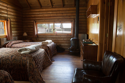 Western USA cowboy wooden bunkhouse on dude ranch
