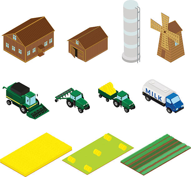 zestaw ikon budynków gospodarstwa rolnego oraz maszyn rolniczych - isometric combine harvester tractor farm stock illustrations