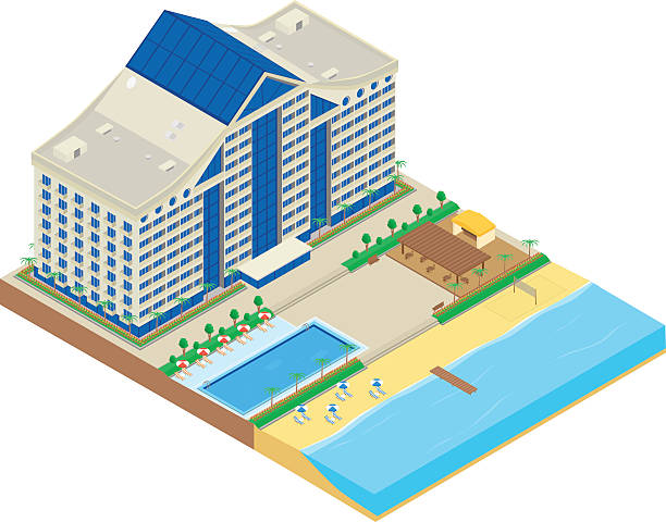 hotel am meer - isometric sea coastline beach stock-grafiken, -clipart, -cartoons und -symbole