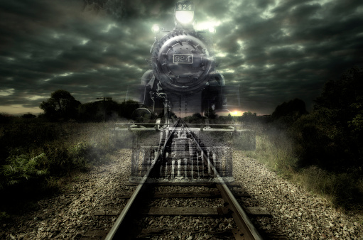 Old steam locomotive seems like a ghost train. Art design.