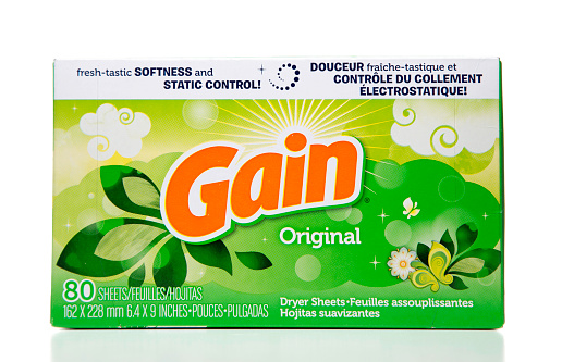 Miami, USA - March 22, 2016: Gain Original Dryer 80 sheets box horizontal position. Gain brand is owned by The Procter & Gamble Company.