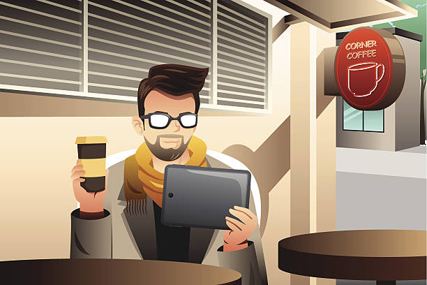 Trendy young man using tablet in a cafe A vector illustration of trendy young man using tablet in a cafe computer people winter cafe stock illustrations