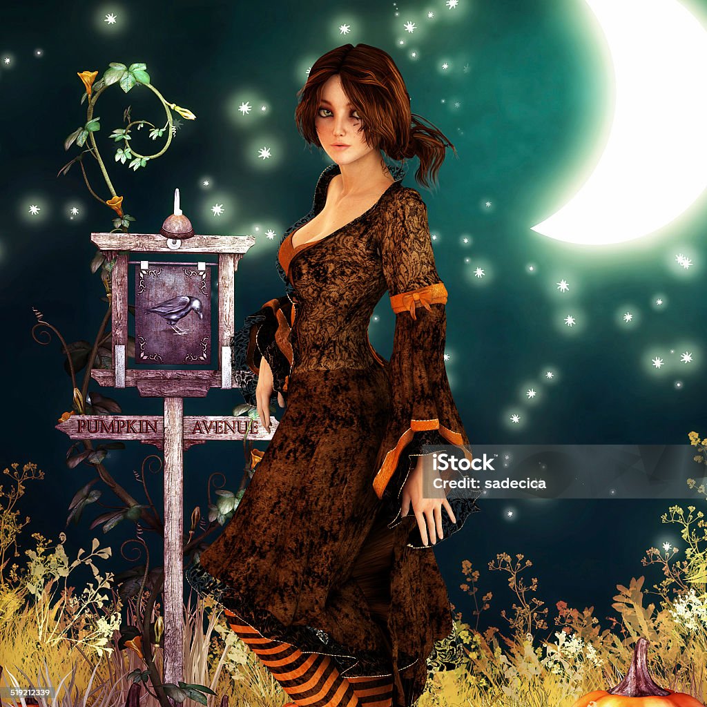 Brunette girl on halloween night Brunette girl on halloween night on pumpkin avenue with sparkling stars and a bright moon Adult Stock Photo