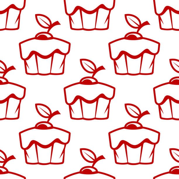 wiśnia cupcake bezszwowe wzór - fruitcake food white background isolated on white stock illustrations