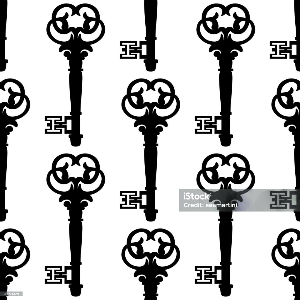 Seamless background pattern of antique keys Seamless background pattern of antique keys with a black and white repeat vector motif in square format Antique stock vector