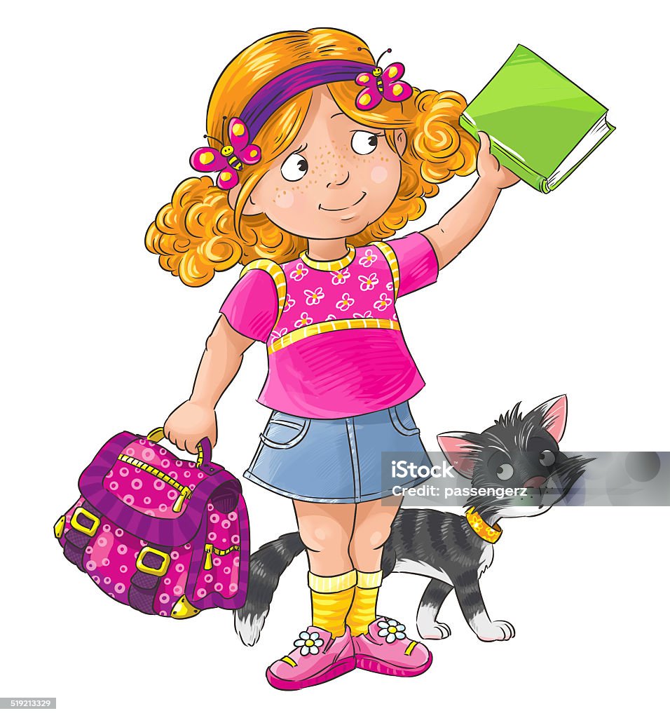 Schoolgirl smiley schoolgirl standing with a bag and book. And with a cat Alphabet Stock Photo