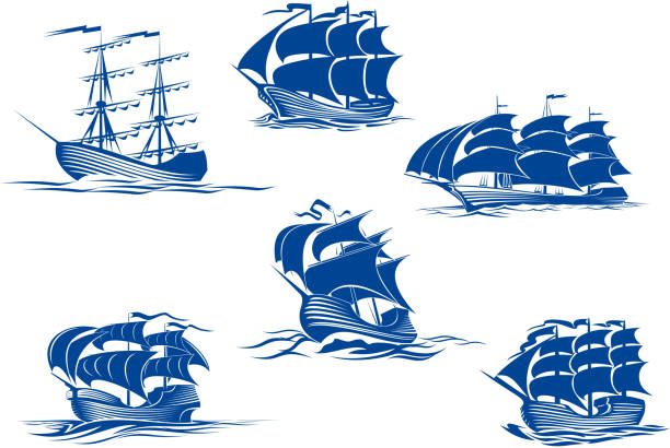 Blue tall ships or sailing ships Blue tall ships or sailing ships, one with its sails stowed and the others with their full sails set cruising the ocean, vector illustration isolated on white sailing ship stock illustrations
