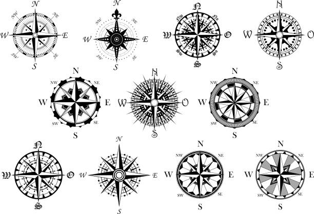 ilustrações de stock, clip art, desenhos animados e ícones de bússolas antigo conjunto de símbolos - compass direction antique guidance