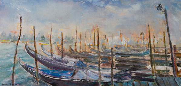 Picture painted with acrylic with typical gondolas in Venice, Italy, Europe