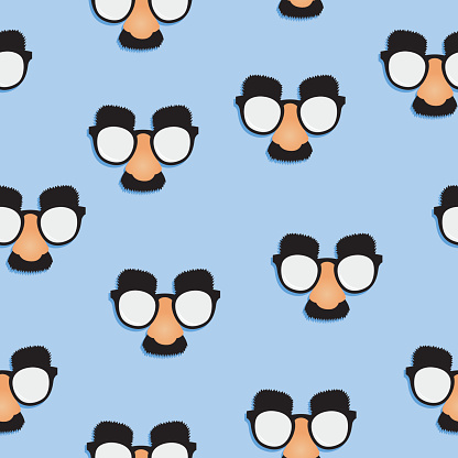 Vector seamless pattern of a pair of glasses with fake nose,mustache and eyebrows attached to them.