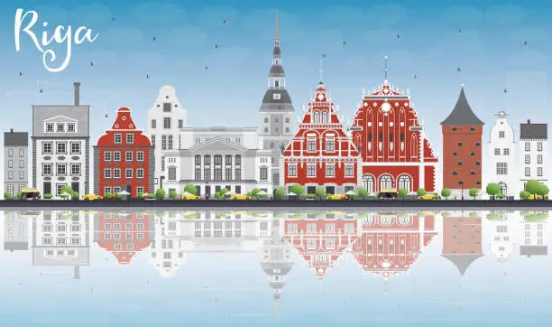 Vector illustration of Riga Skyline with Landmarks, Blue Sky and Reflections.