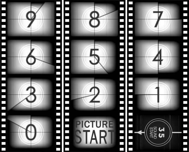 Old movie count down Set of numbers from old movie count down (from nine to zero) clock borders stock illustrations