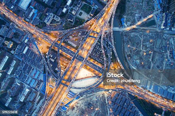 Busy Traffic On Road Junction At Night In Hangzhou Stock Photo - Download Image Now - Aerial View, China - East Asia, City