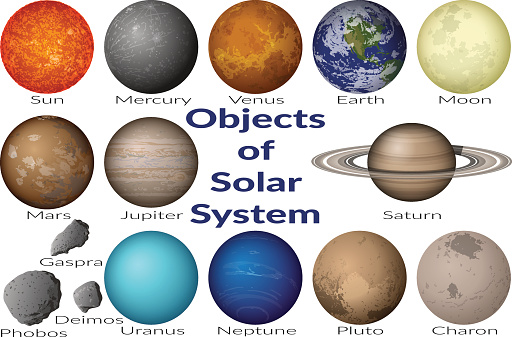 Space Set Planets Solar System, Sun, Earth, Moon, Venus, Mercury, Mars, Pluto, Charon, Phobos, Deimos, Gaspra, Neptune, Jupiter, Saturn and Uranus. Elements Furnished by NASA, http://solarsystem.nasa.gov. Vector