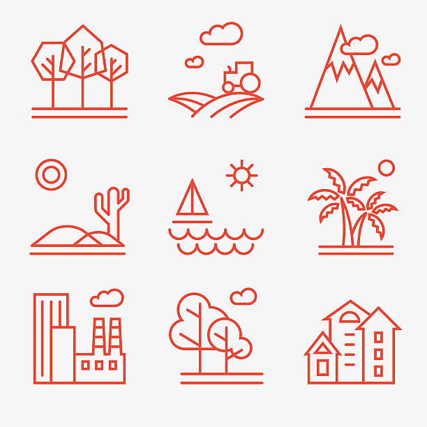 Landscape icons Landscape icons, thin line style, flat design forest symbols stock illustrations