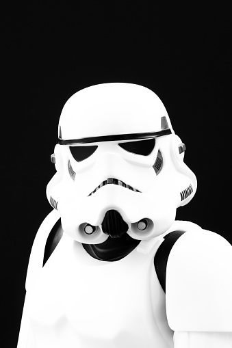 York, UK - January 24, 2016. A portrait image of a Stormtrooper from The Force Awakens movie.