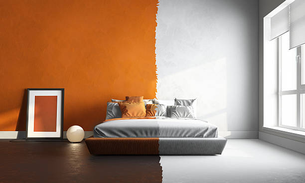 3 d interor von orange-weißen schlafzimmer - red bed stock-fotos und bilder