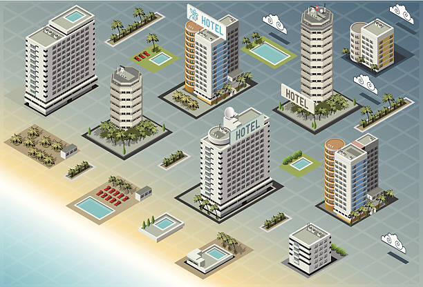 ilustrações de stock, clip art, desenhos animados e ícones de edifícios costeira minibarra de ferramentas - isometric sea coastline beach