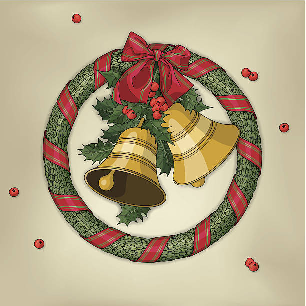 weihnachtskranz mit zwei glocken, holly und roten band und schleife - lampionpflanze stock-grafiken, -clipart, -cartoons und -symbole