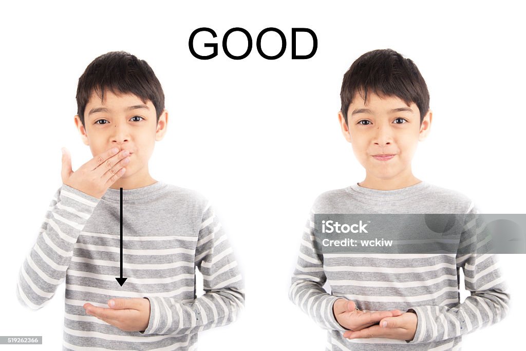 GOOD ASL Sign language Child Stock Photo