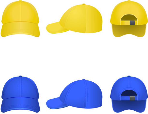 Yellow and Blue Caps yellow and blue caps on a white background sideways baseball hat stock illustrations