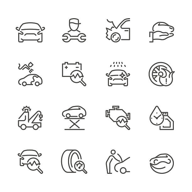 flache linie symbole-auto-reparatur serie - motor vehicle car symbol wheel stock-grafiken, -clipart, -cartoons und -symbole