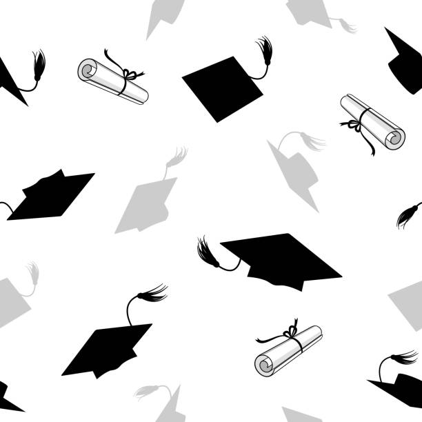ilustrações de stock, clip art, desenhos animados e ícones de motivo homogéneo com de formatura bonés - graduation adult student mortar board diploma
