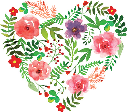 Floral heart with isolated flowers, herbs and leaves. Watercolor.