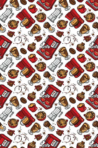 Vector illustration of Coffee machine. Coffee pot and coffee cup. Vector seamless pattern.