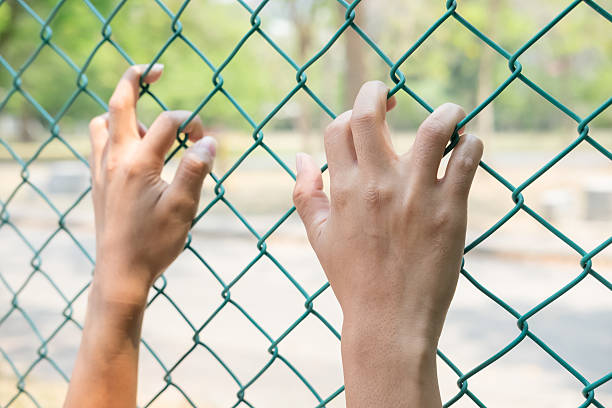 istock Hands with Mesh cage, Hands with steel mesh fence 519271608