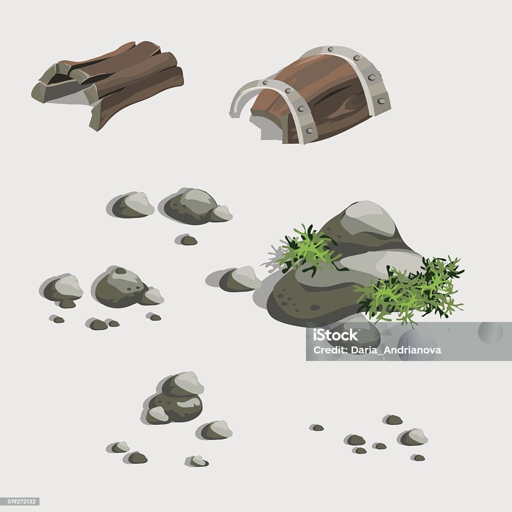 Fragments of the ancient ship and stones Fragments of the ancient ship and stones with grass  Underwater stock vector