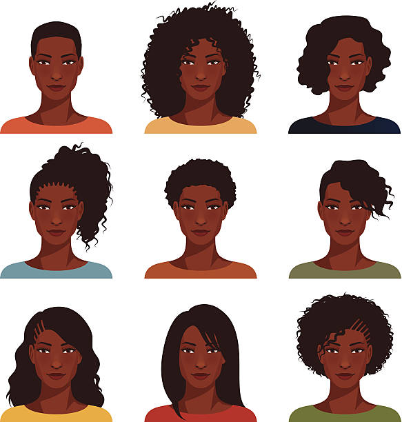 illustrations, cliparts, dessins animés et icônes de african american femme avec différents coiffure - isolated on black illustrations