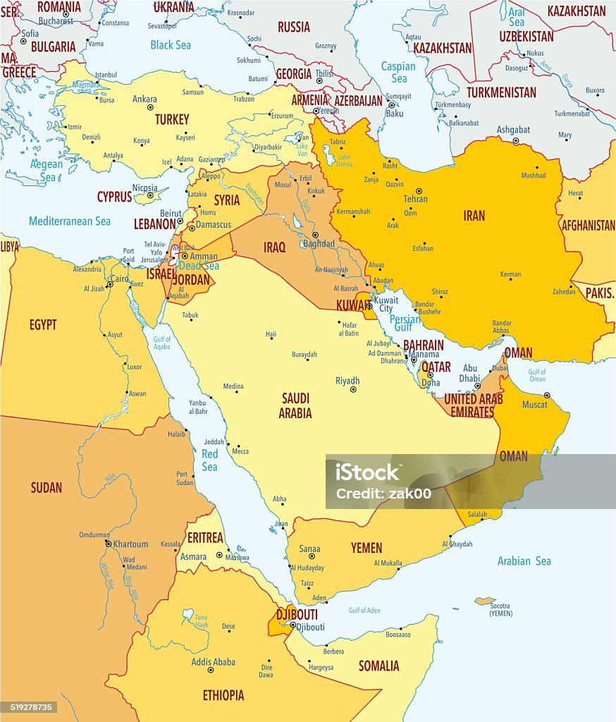 Map of Middle East Highly detailed vector map of Middle East.. Map stock vector