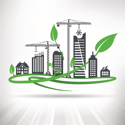 Cityscape with ongoing construction surrounded by green leaves. Fully scalable vector illustration.