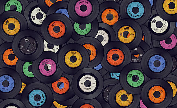 Vinyl music records background A background of vinyl records. The labels are not real but fake artists, producers, legal text and logo's. dj photos stock pictures, royalty-free photos & images
