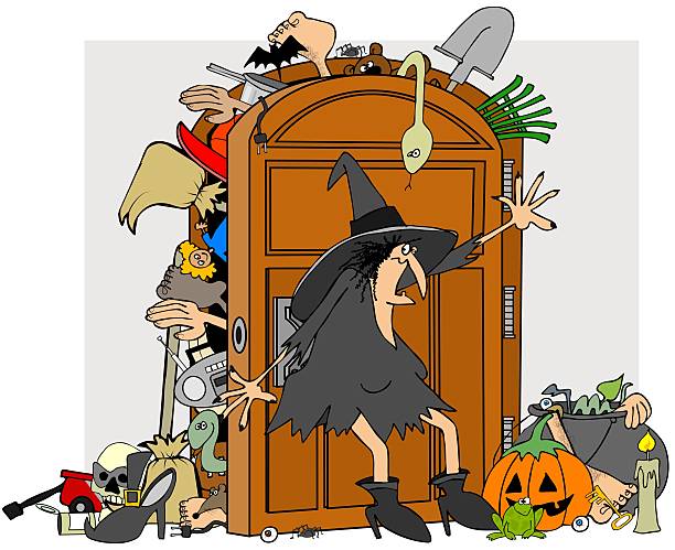 Witches closet This illustration depicts a witch trying to close the door of her stuffed closet. snake anatomy stock illustrations