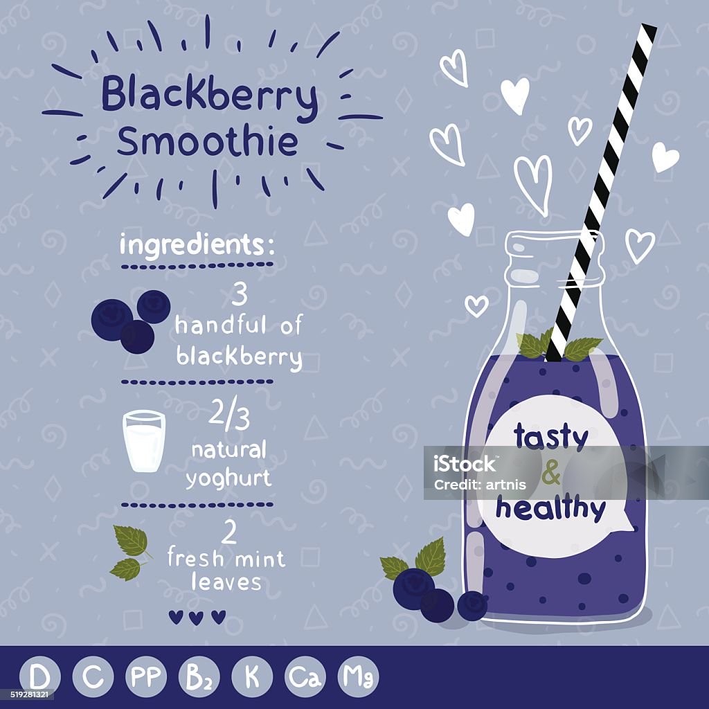 Blackberry smoothie recipe. Blackberry smoothie recipe. With illustration of ingredients and vitamin. Doodle style Blackberry - Fruit stock vector