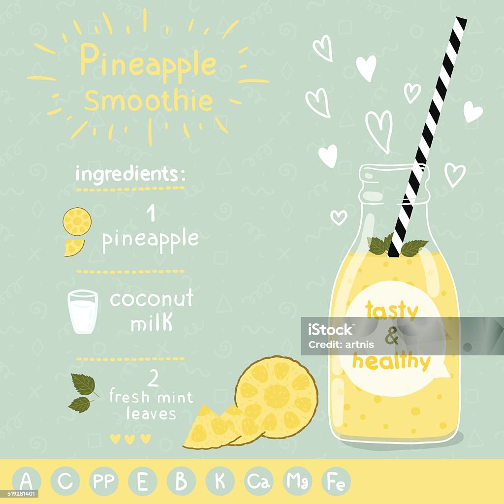 Pineapple smoothie recipe. Pineapple smoothie recipe. With illustration of ingredients and vitamin. Doodle style Doodle stock vector