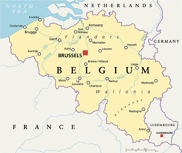 Belgium Political Map Belgium Political Map with capital Brussels, national borders, most important cities and rivers. English labeling and scaling. Illustration. ardennes department france stock illustrations