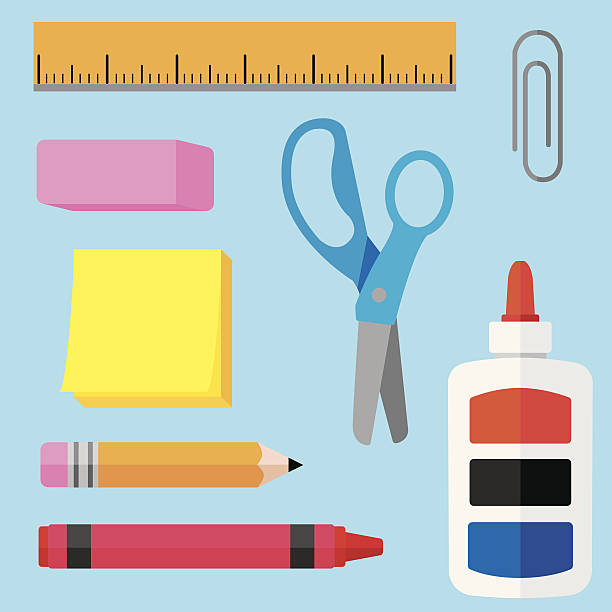 ilustraciones, imágenes clip art, dibujos animados e iconos de stock de escuela suministra con pantalla plana - material escolar