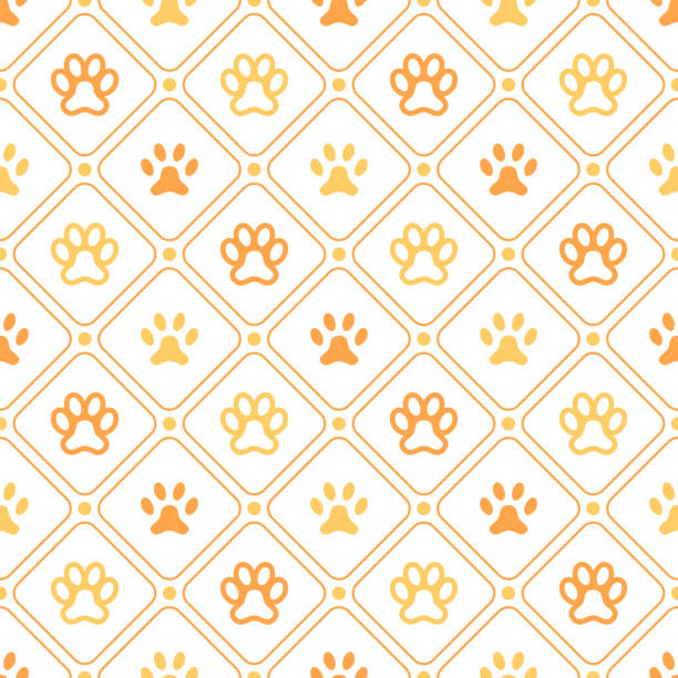 Animal seamless vector pattern of paw footprint, line and dot Animal seamless vector pattern of paw footprint, line and dot. Endless texture can be used for printing onto fabric, web page background and paper or invitation. Dog style. White and orange colors. dog borders stock illustrations