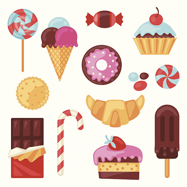 illustrazioni stock, clip art, cartoni animati e icone di tendenza di set di diverse caramelle colorate e dolci e torte. - hard candy candy backgrounds multi colored