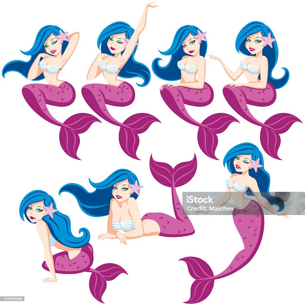 Mermaid Set Mermaid in 7 different poses. No transparency and gradients used. Mermaid stock vector