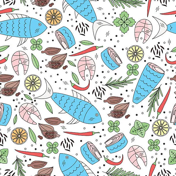 Vector illustration of Seamless pattern with vegeterian food из fish and spise.