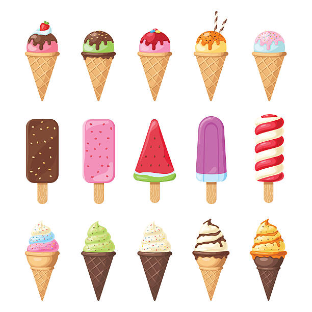 ilustraciones, imágenes clip art, dibujos animados e iconos de stock de conjunto de colorido sabroso helado - ice cream cone