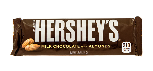 Winneconne, WI, USA -29 Oct 2015: Hersheys chocolate bar with almonds on an isolated backgound
