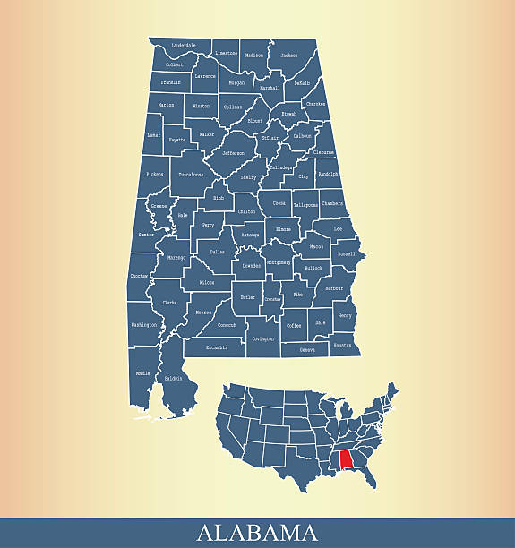 Alabama county map outline vector illustration in creative design Alabama county map outline vector illustration and its location highlighted on USA map morgan county stock illustrations