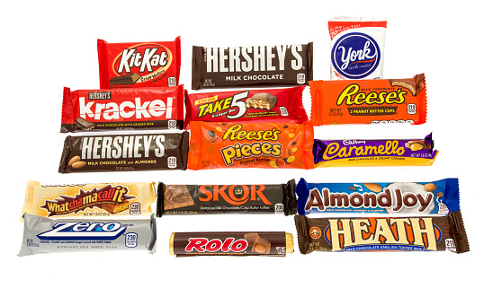 Winneconne, WI, USA -27 Oct 2015: Most popular candy bars made by the Hershey company.