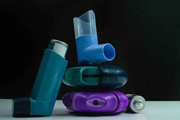 Photo of Asthma medication. Set of inhalers and medication