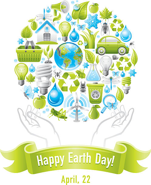 ilustrações de stock, clip art, desenhos animados e ícones de ecológica cartaz com o planeta e as mãos - earth day banner placard green
